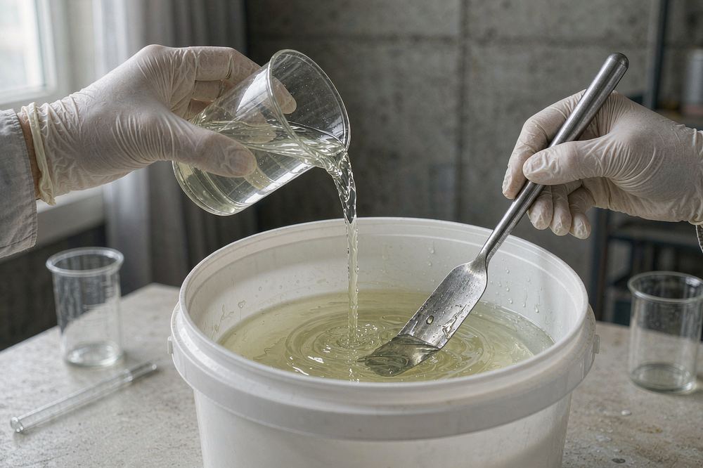 Two-component epoxy resin mixed in a bucket after DETA hardener dosing