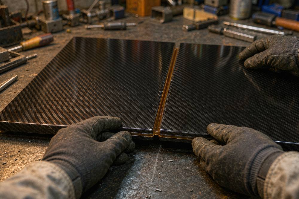 Carbon fiber panels bonded with a thin amber epoxy structural adhesive layer